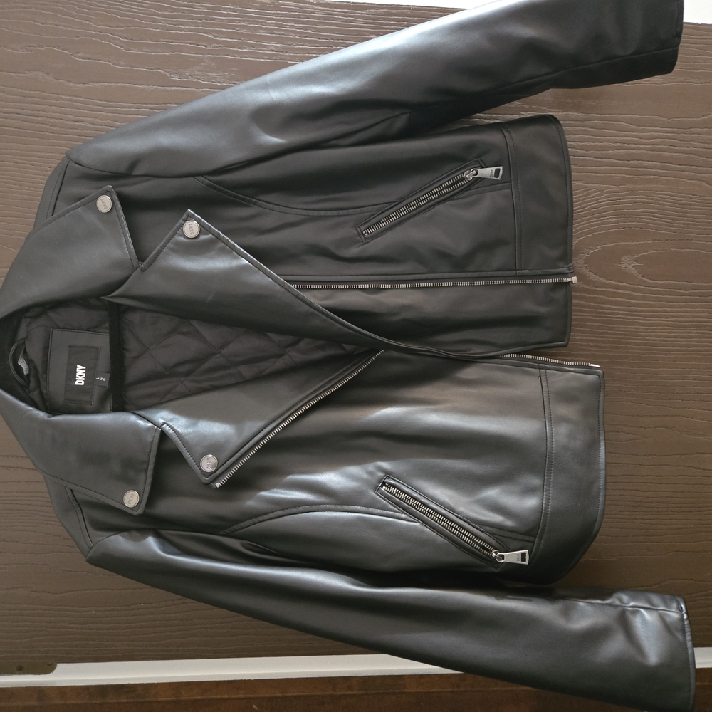 Dkny Black Leather Biker Jacket with Structured Seams
